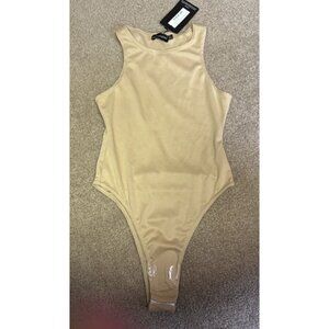 NEW Pretty Little Thing Beige Ponte Racer Back Thong Bodysuit Size 4 NWT